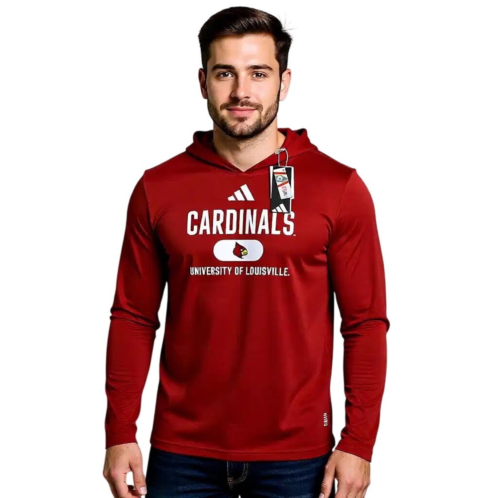Adidas Louisville Cardinals Mens Red Long Sleeve Hooded Shirt Large JE2081 NWT